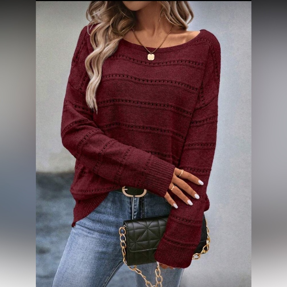 NWOT Emery Rose Drop Shoulder Pointelle Knit Sweater, Size M, Burgundy